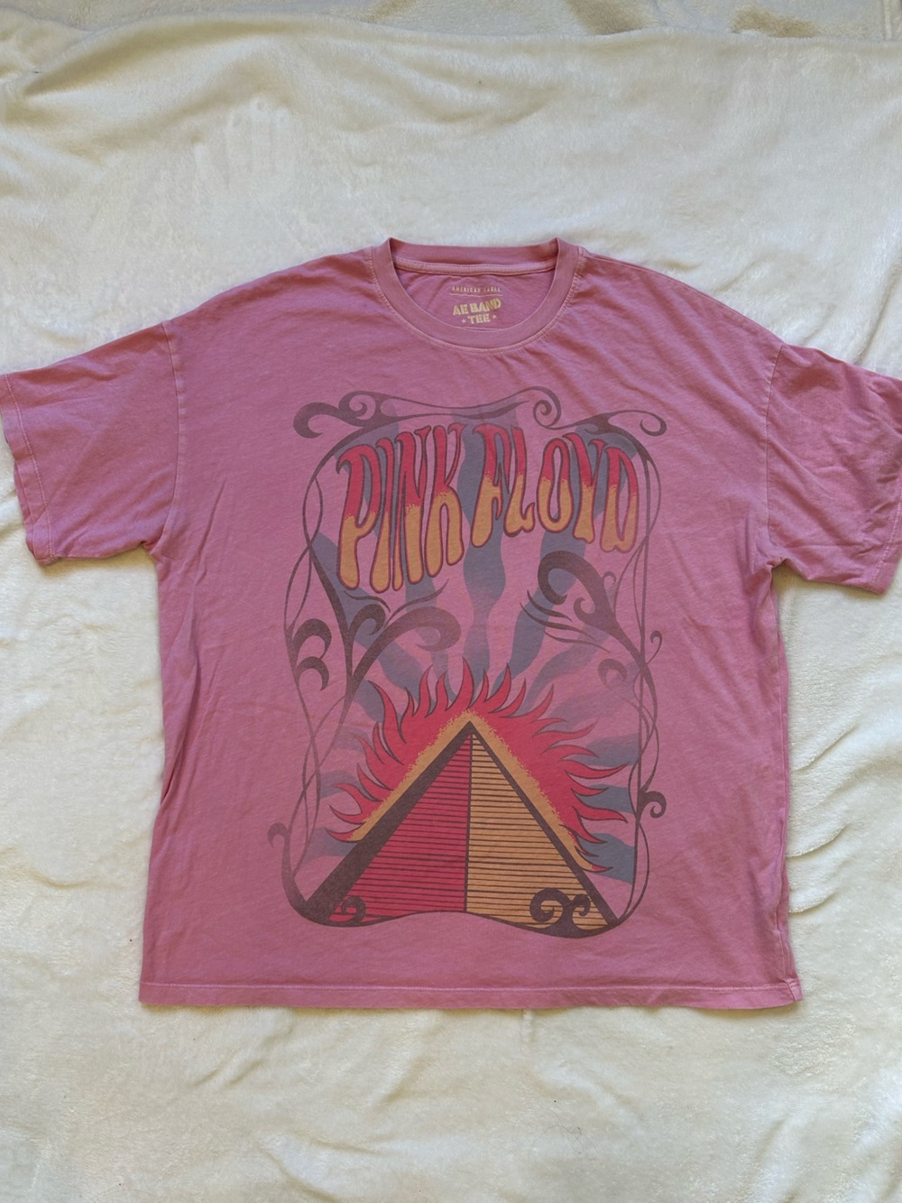 American Eagle Outfitters Oversized Pink Graphic Tee with Sunburst Pyramid